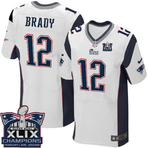 Men's Elite Tom Brady Super Bowl XLIX Champions Nike Jersey White Road - #12 NFL New England Patriots